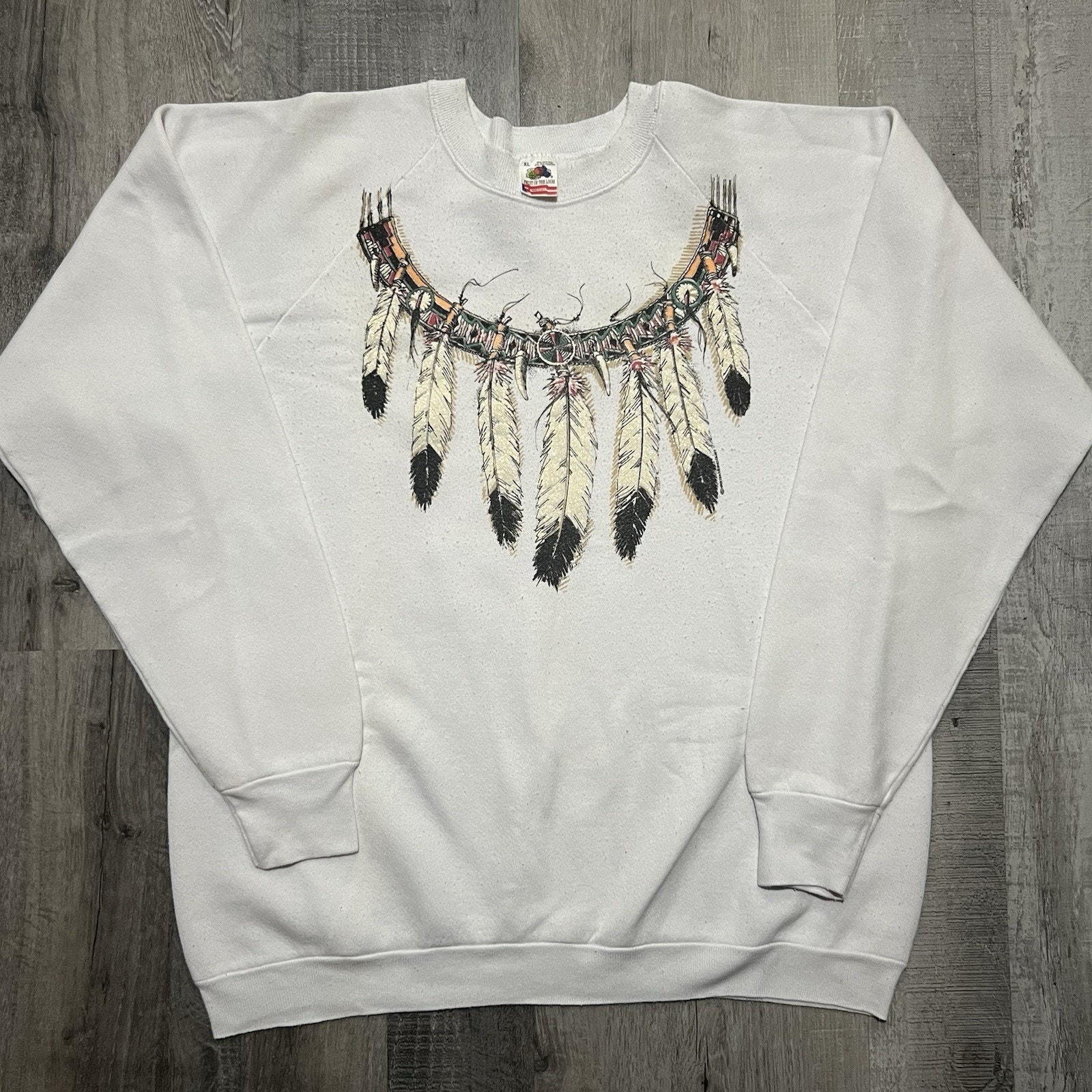 Vtg Native American Crewneck Feather Sweatshirt White Navajo 1990s Usa Sz Xl